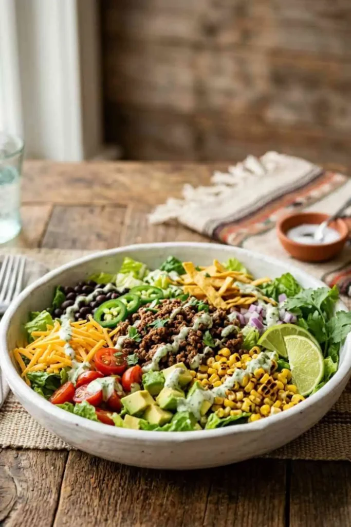 25 Best Chopped Salad Recipes (Easy, Fresh & Crowd-Pleasing) 12 Seasoned taco chopped salad with beef, black beans, corn, avocado, cheddar cheese and tortilla strips.