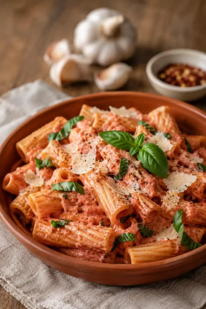 5 Quick and Creamy Ricotta Pasta Recipes You’ll Love (Easy Italian Recipes) 4 Plate of creamy tomato ricotta pasta - authentic Italian pink sauce recipe