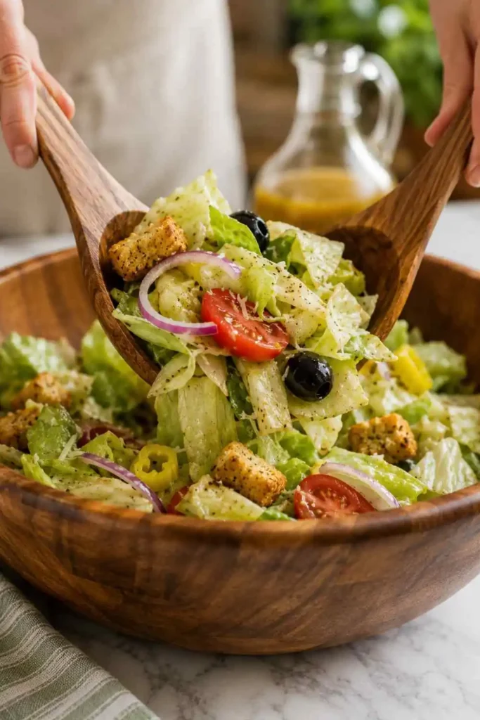 Authentic Copycat Olive Garden Salad Recipe (15-Minute Meal) 3 Hands tossing a fresh copycat Olive Garden salad with wooden tongs in a large bowl.
