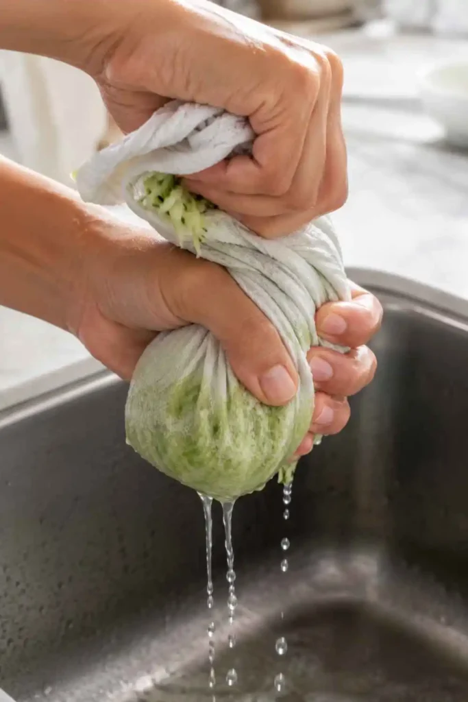 Hands squeezing grated cucumber in a kitchen towel over a sink to remove excess water for homemade tzatziki sauce