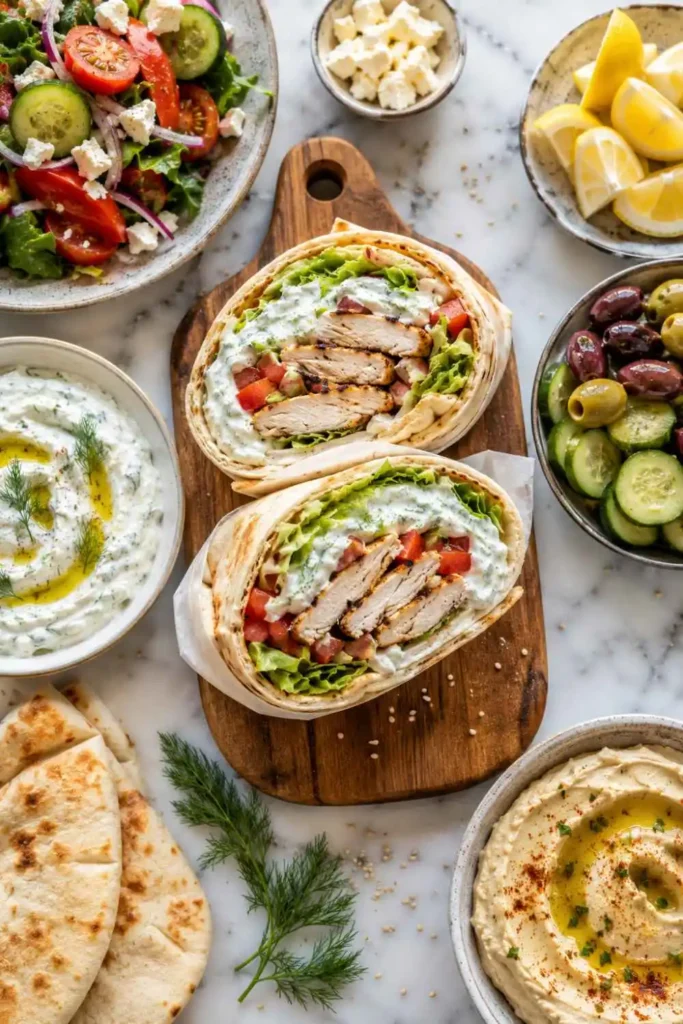 Greek gyro wraps with homemade tzatziki sauce recipe, fresh vegetables, and olives served on a wooden board