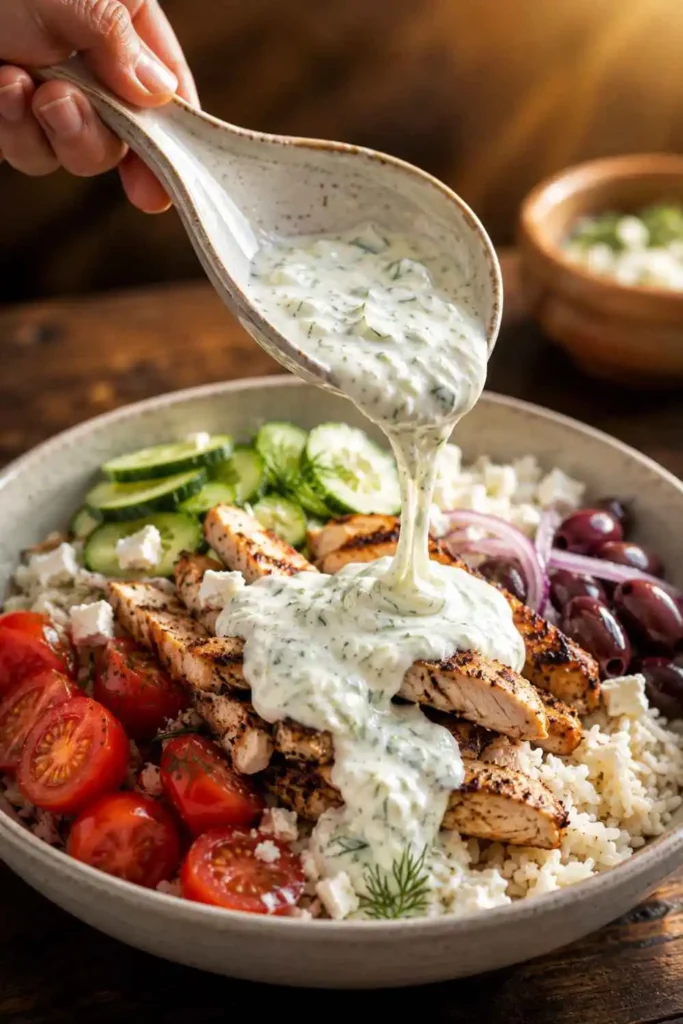 Thick creamy tzatziki sauce recipe being spooned over a Greek chicken gyro bowl with tomatoes and cucumber