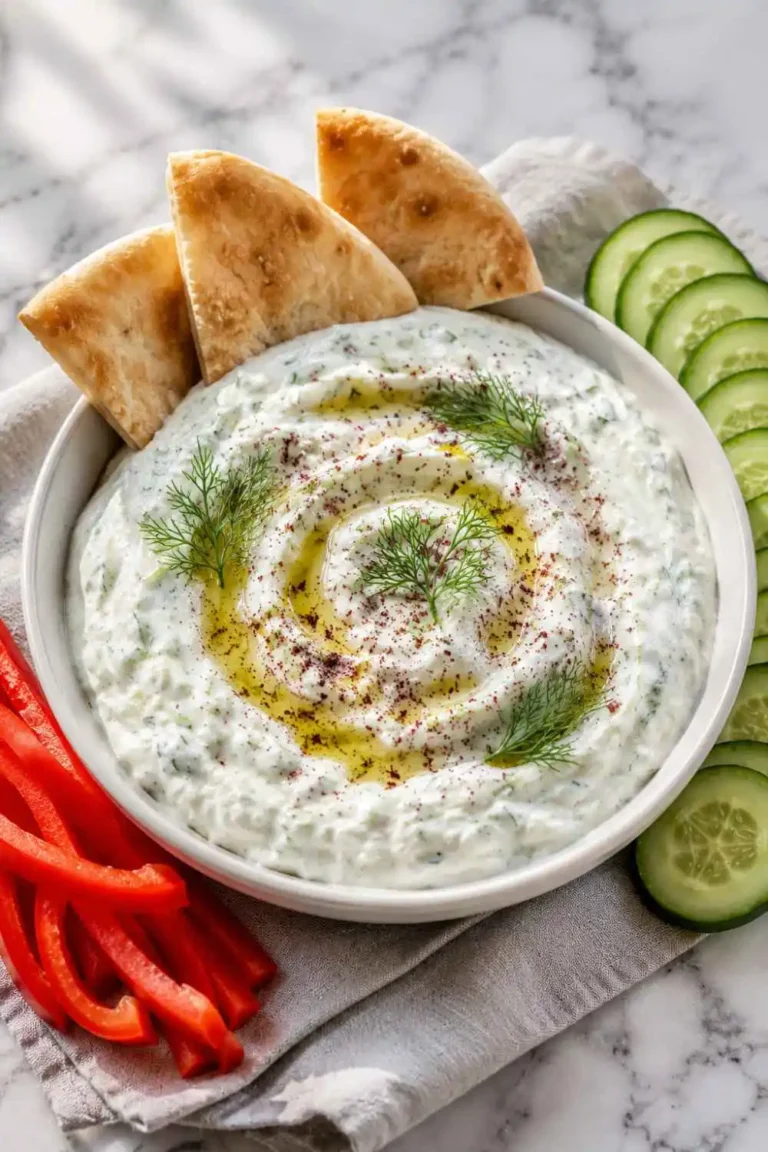 Creamy tzatziki sauce recipe in a white bowl with fresh dill, olive oil drizzle, and warm pita triangles on marble