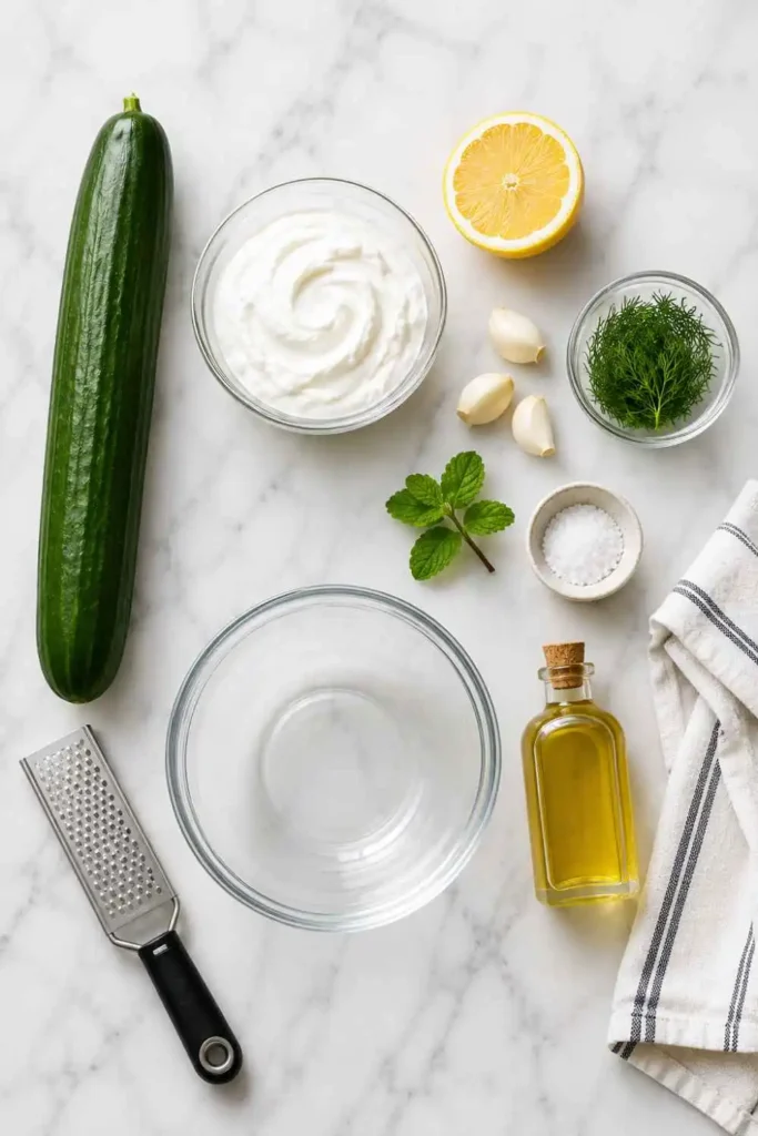 All ingredients for tzatziki sauce recipe arranged on white marble including Greek yogurt, cucumber, garlic, and fresh dill