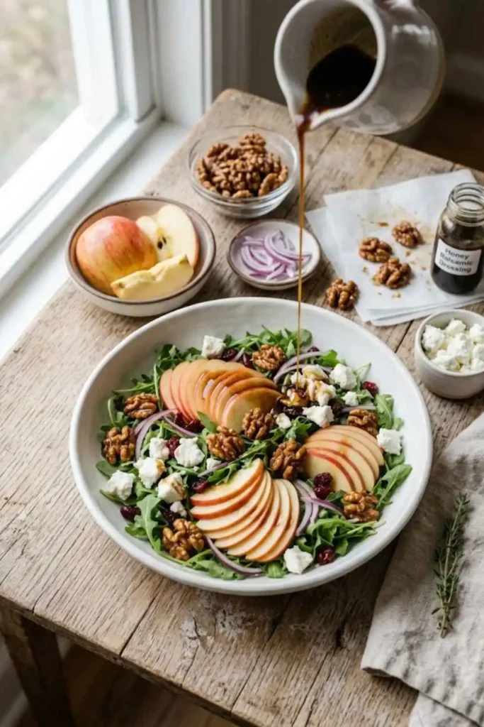 Easy Apple Arugula Salad - The Perfect Fall Flavor Combination! 1 Fall Apple Arugula Salad Recipe with candied walnuts and goat cheese in white ceramic bowl