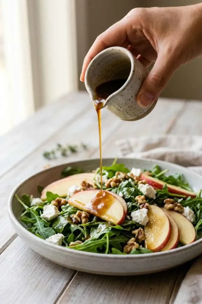 Easy Apple Arugula Salad - The Perfect Fall Flavor Combination! 3 Drizzling honey balsamic dressing over Apple Arugula Salad Recipe in wide salad bowl
