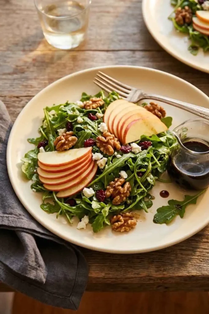 Easy Apple Arugula Salad - The Perfect Fall Flavor Combination! 5 Apple Arugula Salad Recipe plated as individual serving with balsamic dressing on the side