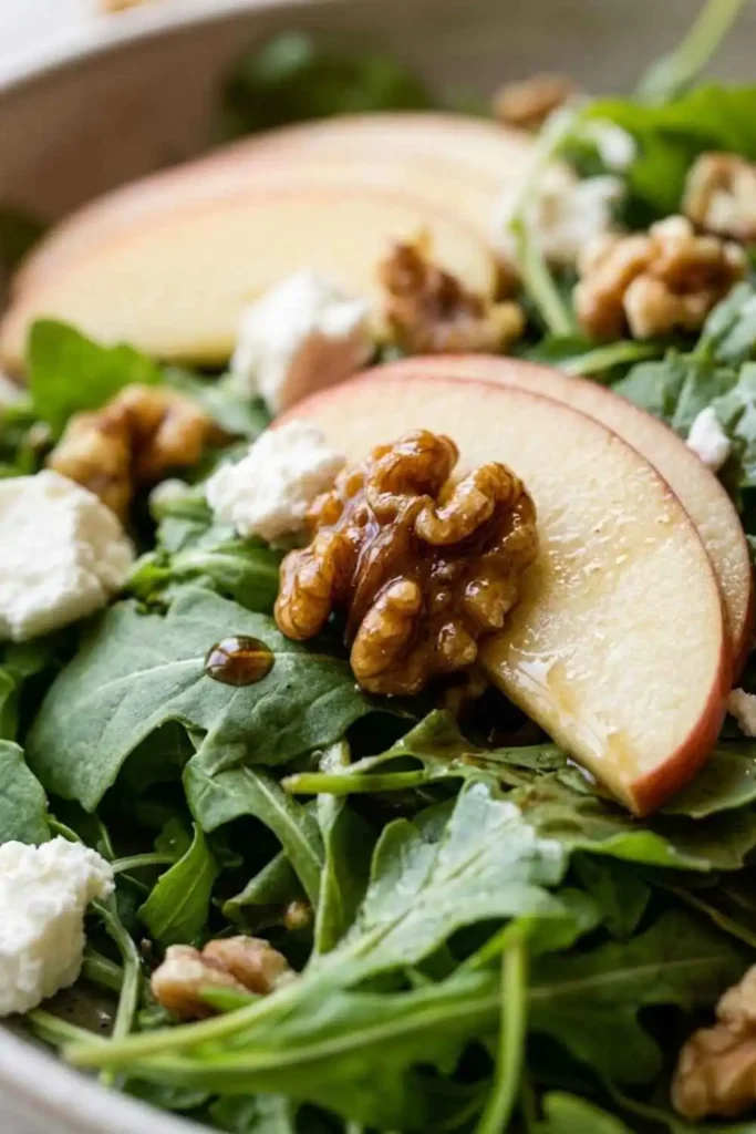 Easy Apple Arugula Salad - The Perfect Fall Flavor Combination! 4 Close-up of Apple Arugula Salad Recipe showing candied walnuts, creamy goat cheese, and thin apple slices