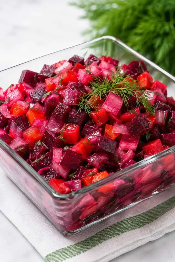 10 Russian Salad Recipe Ideas for Fresh & Easy Meals 3 Vibrant pink Russian Vinegret salad showcasing finely diced beets, carrots, and potatoes glazed with unrefined sunflower oil.