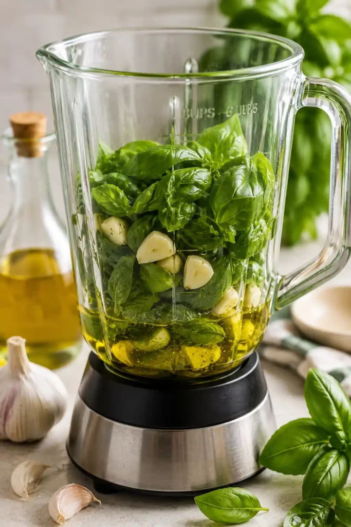 The Best Basil Dressing Recipe for Salads & Bowls 3 Fresh basil leaves being blended with olive oil and garlic in a glass blender to make homemade basil dressing