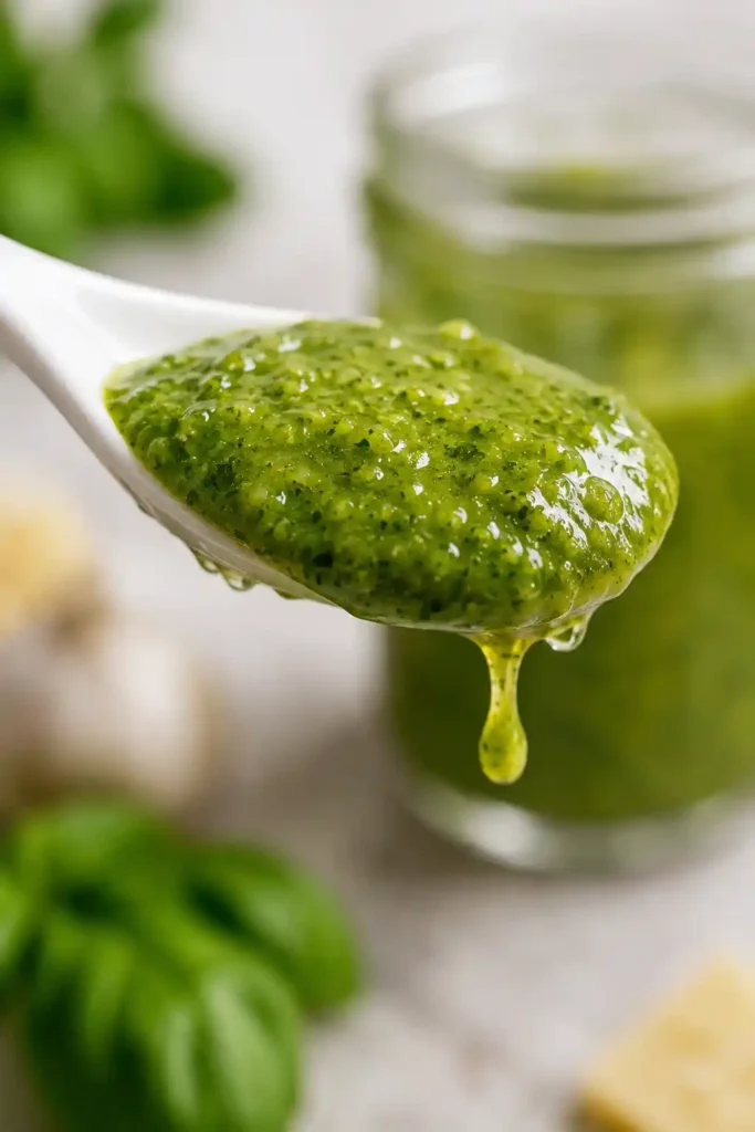 The Best Basil Dressing Recipe for Salads & Bowls 4 Close-up of thick glossy green basil dressing on a white ceramic spoon showing smooth herb texture