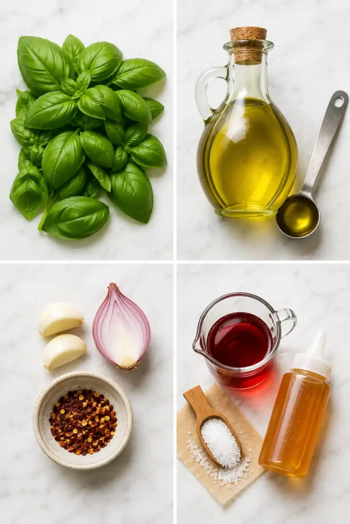 The Best Basil Dressing Recipe for Salads & Bowls 2 Fresh ingredients for basil dressing recipe including basil leaves, olive oil, garlic, shallot, and red wine vinegar on white marble