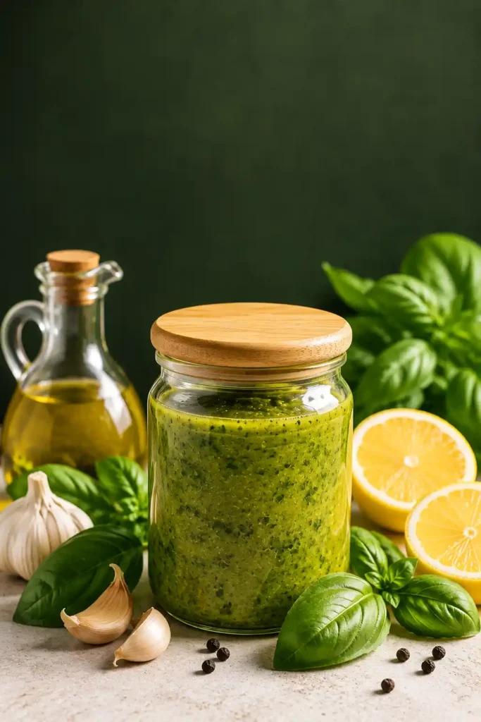 The Best Basil Dressing Recipe for Salads & Bowls 1 Homemade basil dressing in a glass jar being drizzled over a fresh green salad on a marble countertop