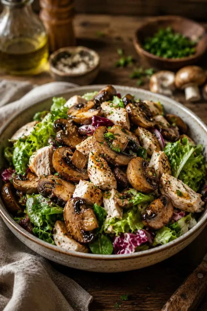 10 Russian Salad Recipe Ideas for Fresh & Easy Meals 8 A hearty Russian chicken and mushroom salad featuring shredded chicken breast and sautéed golden-brown mushrooms.