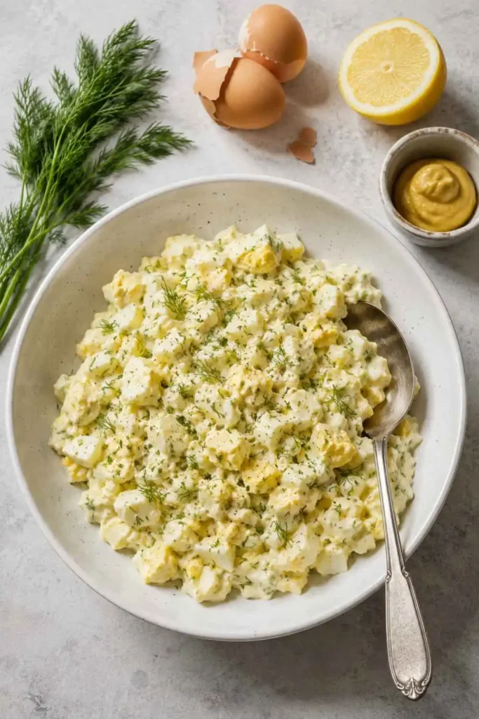 Classic Egg Salad Recipe – Creamy, Dijon & Dill 1 Classic egg salad recipe with Dijon and fresh dill in a white bowl on grey stone surface