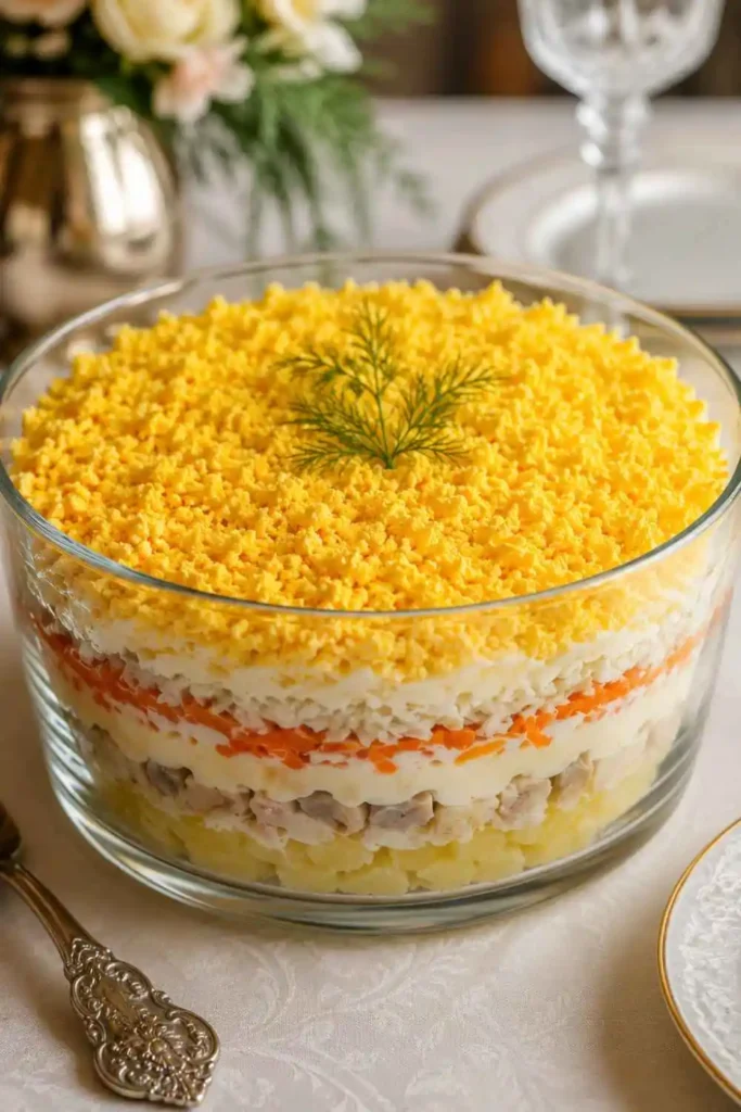 10 Russian Salad Recipe Ideas for Fresh & Easy Meals 5 Traditional Russian Mimosa layered salad in a glass bowl topped with a fluffy layer of bright yellow grated egg yolks.
