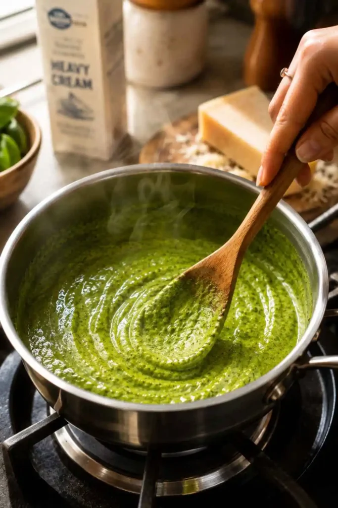 Creamy Pesto Sauce Recipe (Easy Restaurant-Style at Home) 3 Wooden spoon stirring glossy creamy pesto sauce in a saucepan - step 3 of easy pesto sauce recipe for pasta
