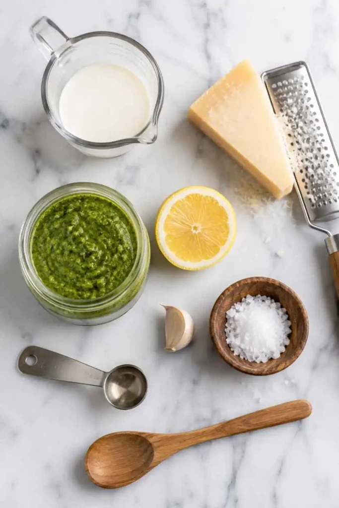 Creamy Pesto Sauce Recipe (Easy Restaurant-Style at Home) 2 Ingredients for homemade creamy pesto sauce: basil pesto, heavy cream, Parmesan, lemon and garlic on marble