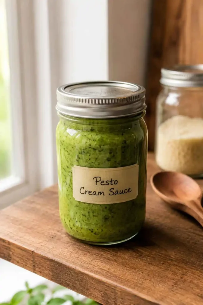 Creamy Pesto Sauce Recipe (Easy Restaurant-Style at Home) 6 Creamy pesto sauce stored in a sealed glass mason jar on a wooden kitchen shelf