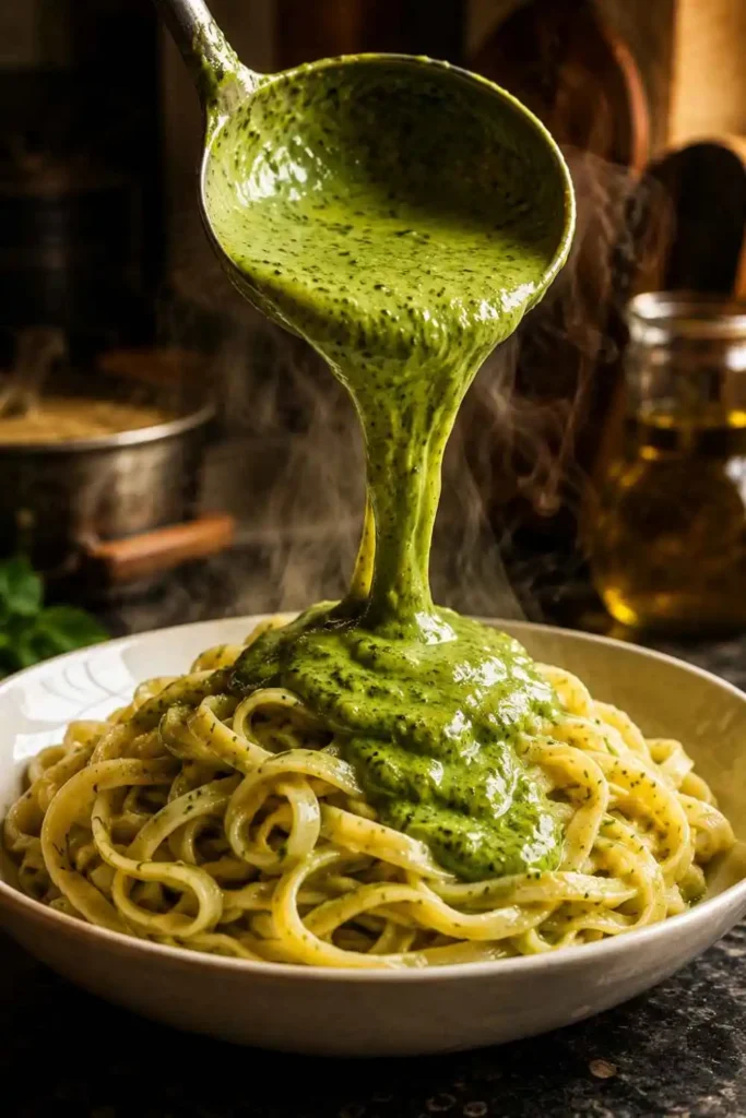 Creamy Pesto Sauce Recipe (Easy Restaurant-Style at Home) 1 Creamy pesto sauce tossed with farfalle in a bowl - easy pesto cream sauce pasta ready in 10