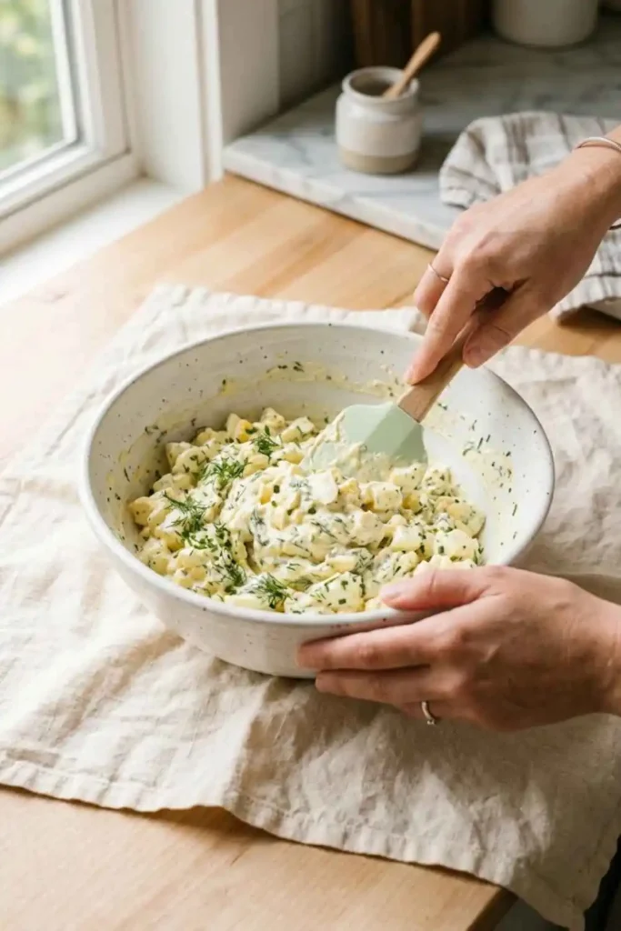 Classic Egg Salad Recipe – Creamy, Dijon & Dill 3 Hands folding creamy classic egg salad with a spatula in a white bowl showing chunky egg pieces and fresh dill