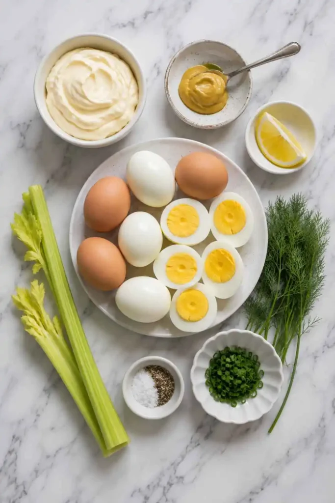 Classic Egg Salad Recipe – Creamy, Dijon & Dill 2 All ingredients for classic egg salad recipe arranged on white marble surface including eggs, mayonnaise, Dijon mustard, and fresh dill