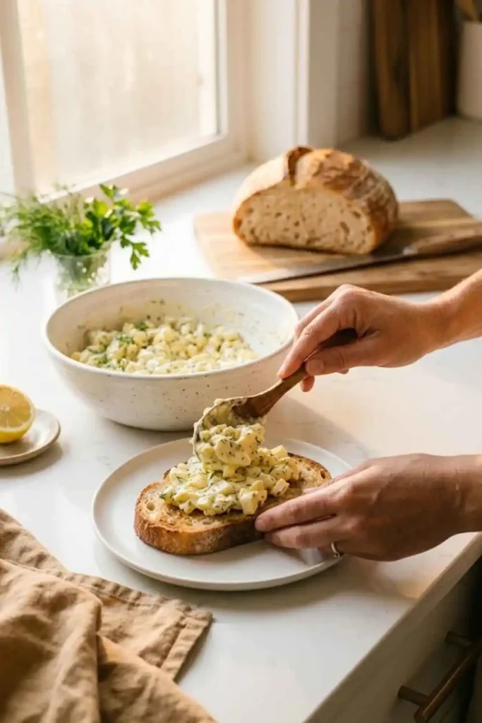 Classic Egg Salad Recipe – Creamy, Dijon & Dill 6 Person scooping classic egg salad recipe with Dijon and dill onto toasted bread for lunch