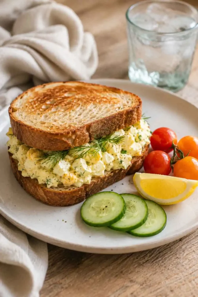 Classic Egg Salad Recipe – Creamy, Dijon & Dill 5 Serving classic egg salad recipe with Dijon and dill onto toasted bread for lunch