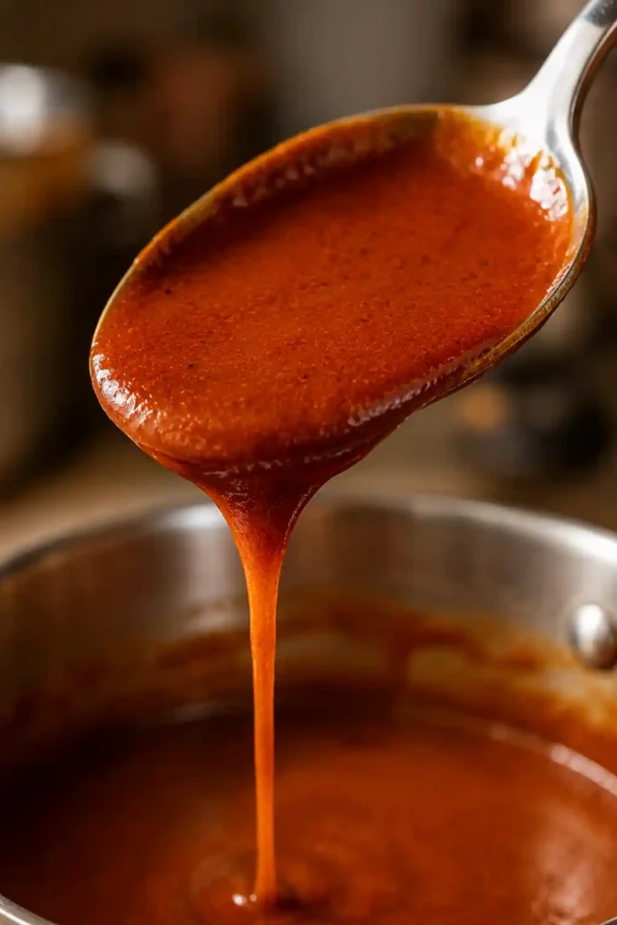 Enchilada Sauce Recipe – Bold, Easy & Homemade in 20 Minutes 3 Close-up of glossy homemade red enchilada sauce coating the back of a spoon showing perfect silky texture