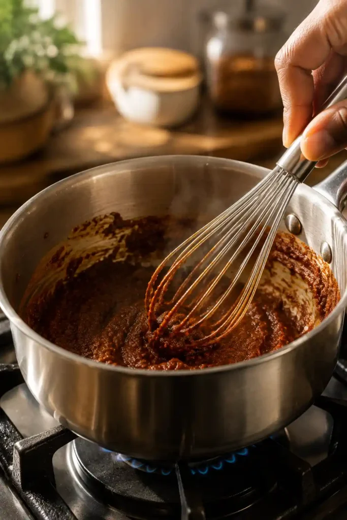 Enchilada Sauce Recipe – Bold, Easy & Homemade in 20 Minutes 2 Hand whisking toasted chili spice roux in a saucepan while making homemade enchilada sauce from scratch