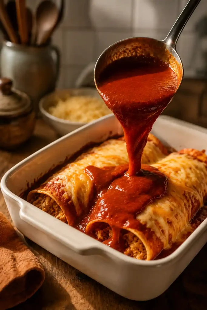 Enchilada Sauce Recipe – Bold, Easy & Homemade in 20 Minutes 4 Thick glossy homemade enchilada sauce being poured from a ladle over rolled tortillas in a white baking dish