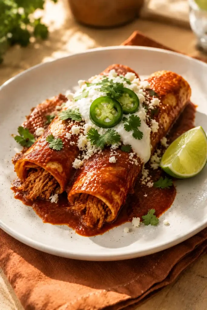 Enchilada Sauce Recipe – Bold, Easy & Homemade in 20 Minutes 5 Plated enchiladas with homemade red enchilada sauce garnished with cotija cheese, sour cream, cilantro and jalapeño