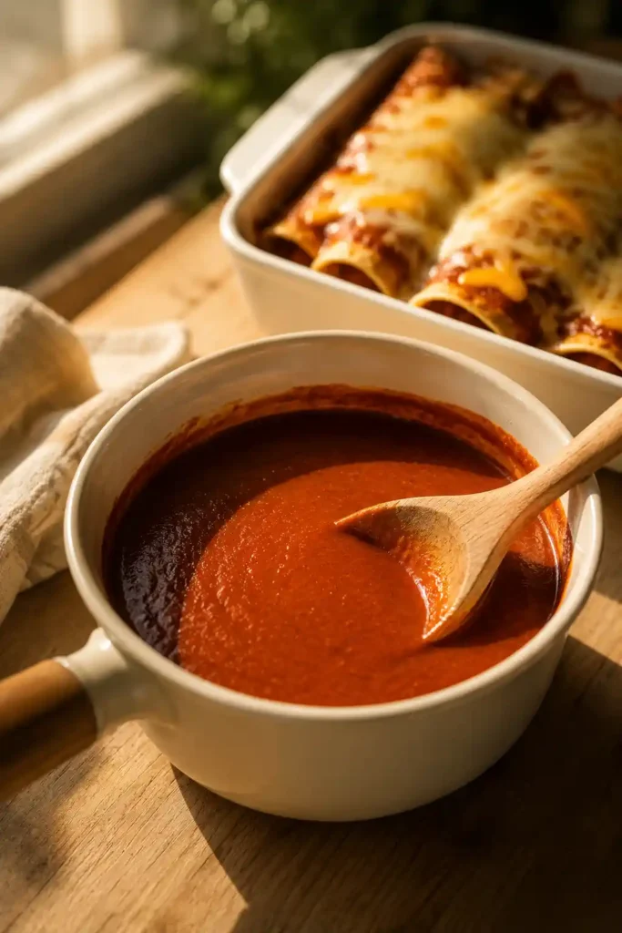 Enchilada Sauce Recipe – Bold, Easy & Homemade in 20 Minutes 1 Homemade enchilada sauce recipe in a white saucepan with glossy red texture and baked enchiladas in background