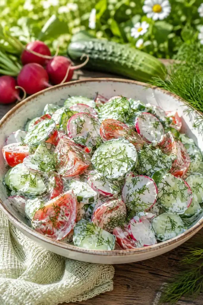 10 Russian Salad Recipe Ideas for Fresh & Easy Meals 9 Crisp Russian garden salad with sliced red radishes, tomatoes, and cucumbers tossed in a rich sour cream dressing with dill.