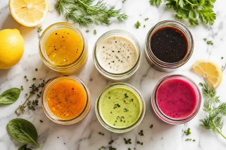 Six colorful healthy salad dressing recipes in glass mason jars on white marble with fresh herbs and lemon