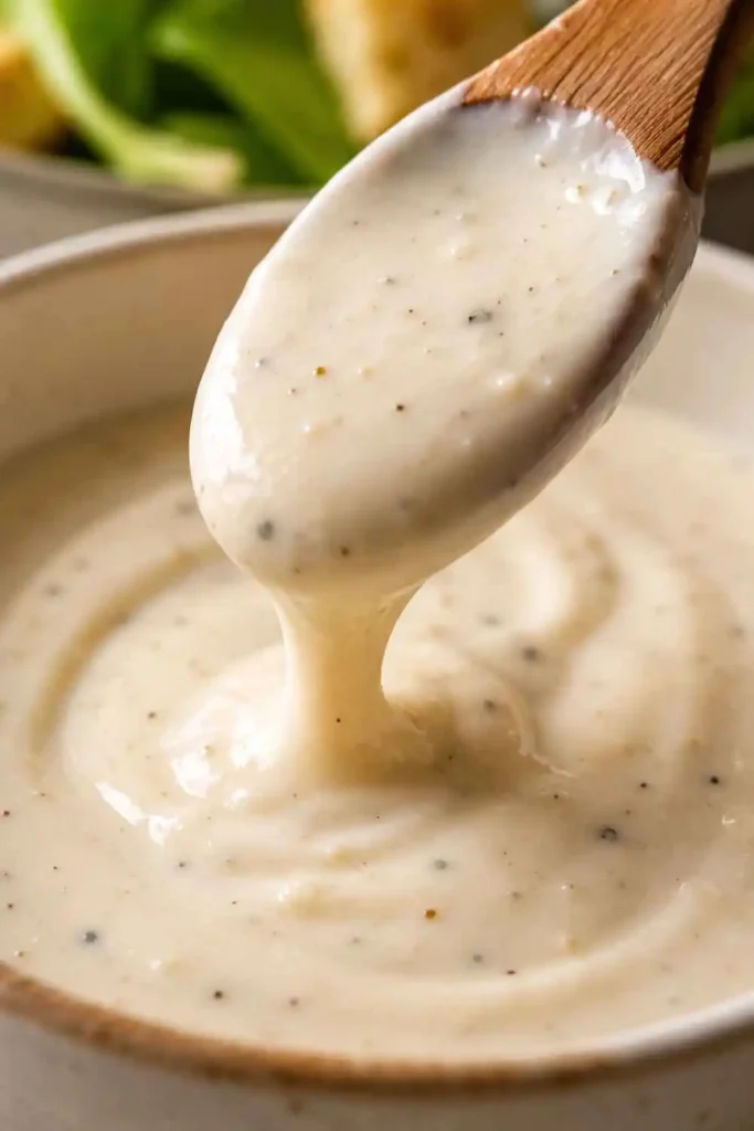 Close-up of smooth glossy creamy texture of healthy Greek yogurt Caesar salad dressing coating a wooden spoon