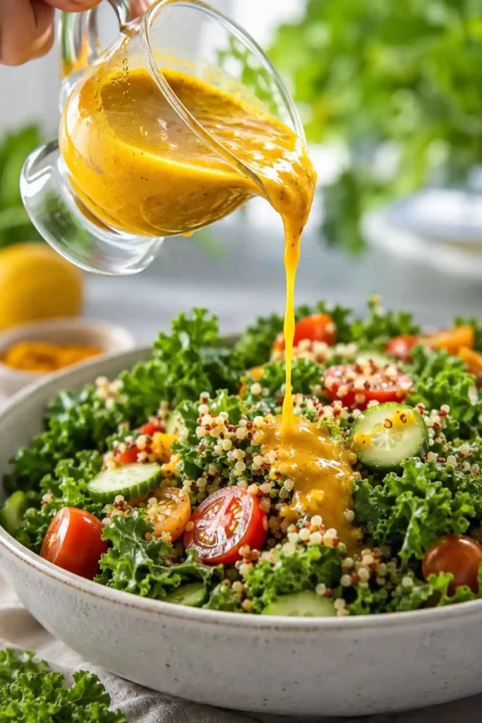 hands whisking homemade lemon garlic healthy salad dressing in a white ceramic bowl
