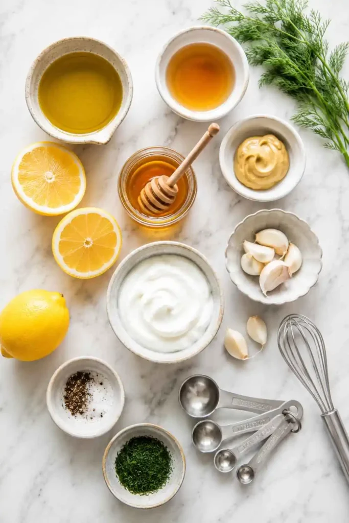 All ingredients for healthy salad dressing recipes including olive oil, lemon, Greek yogurt, garlic and herbs on marble