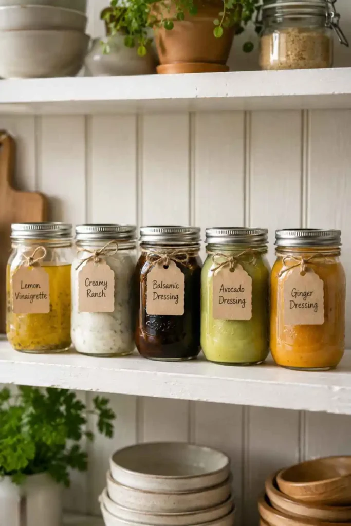 Five homemade healthy salad dressing recipes stored in labeled glass mason jars on a white kitchen shelf