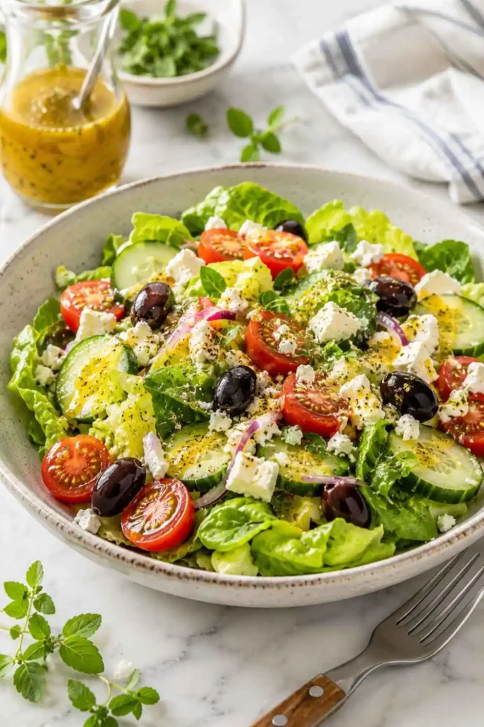 Homemade Greek healthy salad dressing drizzled over a fresh Mediterranean salad with feta olives and cucumber