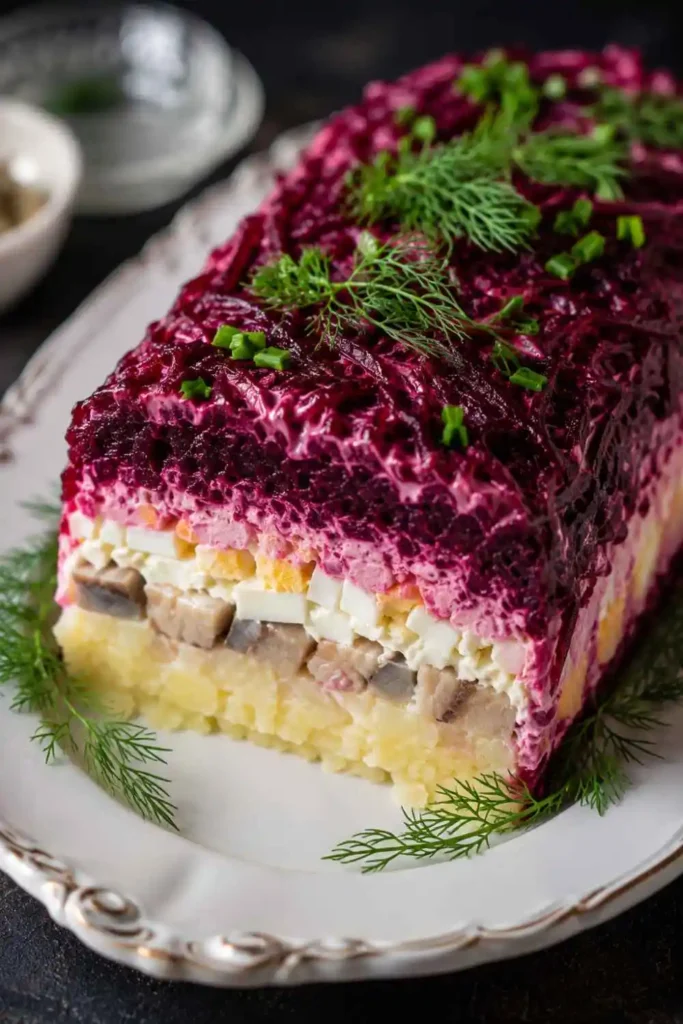 10 Russian Salad Recipe Ideas for Fresh & Easy Meals 4 A gourmet slice of layered Russian Shuba salad displaying clear layers of purple beets, grated eggs, carrots, and herring fish.