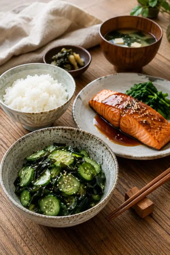 Easy Japanese Cucumber Salad (Sunomono) with Wakame 5 Japanese cucumber salad served alongside teriyaki salmon and steamed rice on a wood table