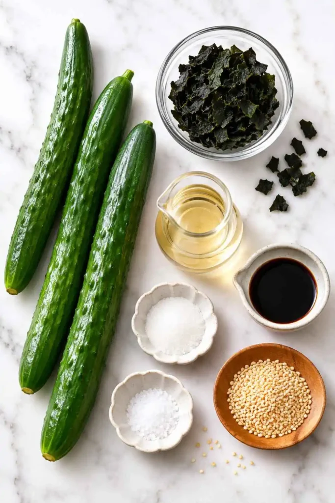 Easy Japanese Cucumber Salad (Sunomono) with Wakame 2 Ingredients for Japanese cucumber salad including cucumbers, wakame, rice vinegar, sugar, salt, and sesame seeds on white marble