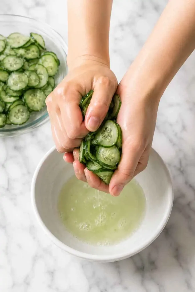 Easy Japanese Cucumber Salad (Sunomono) with Wakame 4 Hands squeezing excess moisture from salted cucumber slices for Japanese sunomono salad