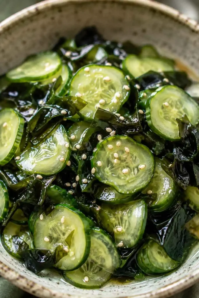 Easy Japanese Cucumber Salad (Sunomono) with Wakame 3 Close-up of Japanese sunomono with cucumber rounds, wakame seaweed, and sesame seeds in tangy dressing