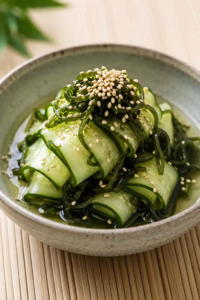 Easy Japanese Cucumber Salad (Sunomono) with Wakame 1 Japanese cucumber salad sunomono served in small ceramic bowl
