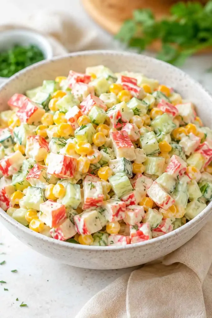 10 Russian Salad Recipe Ideas for Fresh & Easy Meals 6 A refreshing bowl of Russian crab stick salad combined with sweet corn kernels, diced cucumbers, and creamy mayonnaise.