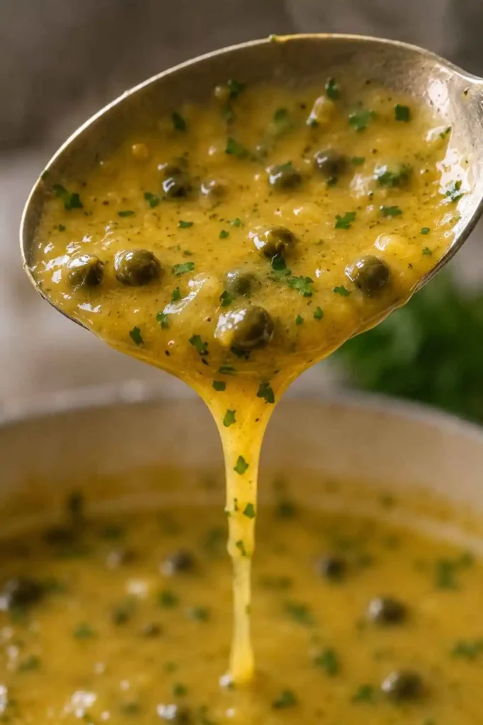 Lemon Caper Sauce Recipe (Ready in 10 Minutes!) 4 Close-up of glossy golden lemon caper sauce coating the back of a silver spoon with visible caper beads