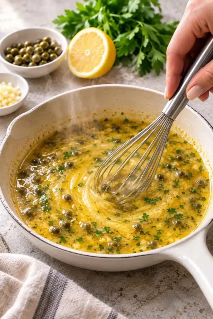 Lemon Caper Sauce Recipe (Ready in 10 Minutes!) 3 Hand whisking golden lemon caper sauce in a small white cast iron skillet over low heat