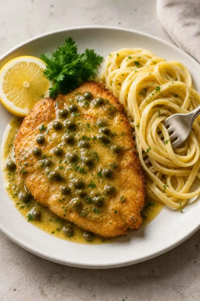 Lemon Caper Sauce Recipe (Ready in 10 Minutes!) 6 Lemon caper sauce chicken piccata plated on white ceramic dish with linguine pasta and fresh lemon garnish